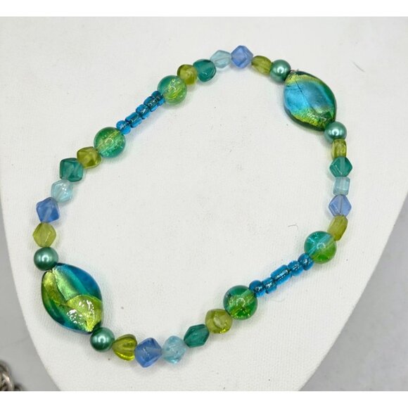 Handmade Green & Blue Glass Bead Bracelet With Iridescent Accents - Picture 2 of 2